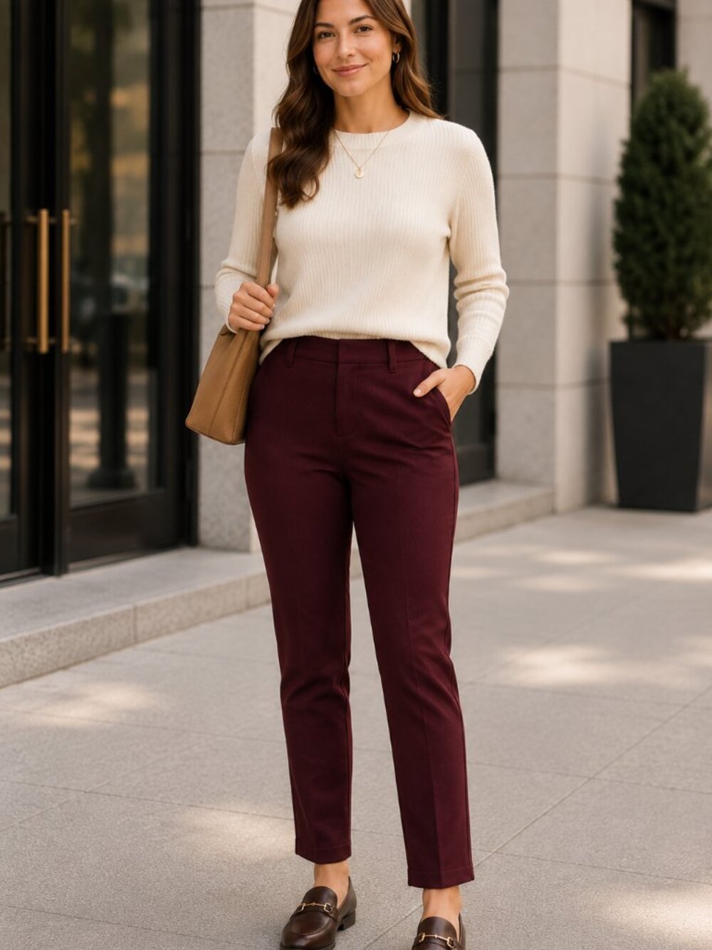 Quince Ultra-Stretch Ponte Straight Leg Pants Burgundy Large Pull On Work Career